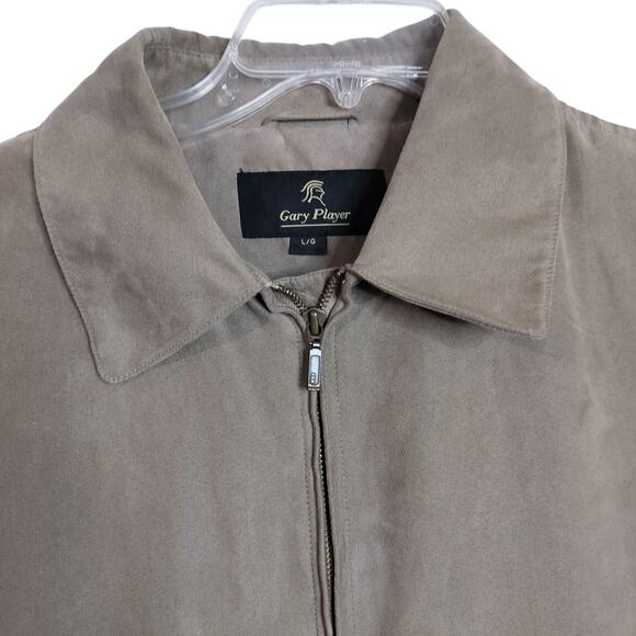 M791)Gary Player Tan Faux Suede Golf Full Zip Long Sleeve Large Bomber Jacket - Picture 3 of 11